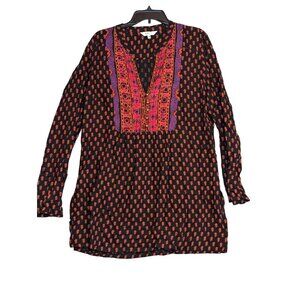 East Womens Size 16 Embroidered Boho Tunic Top Black & Red 100% Viscose